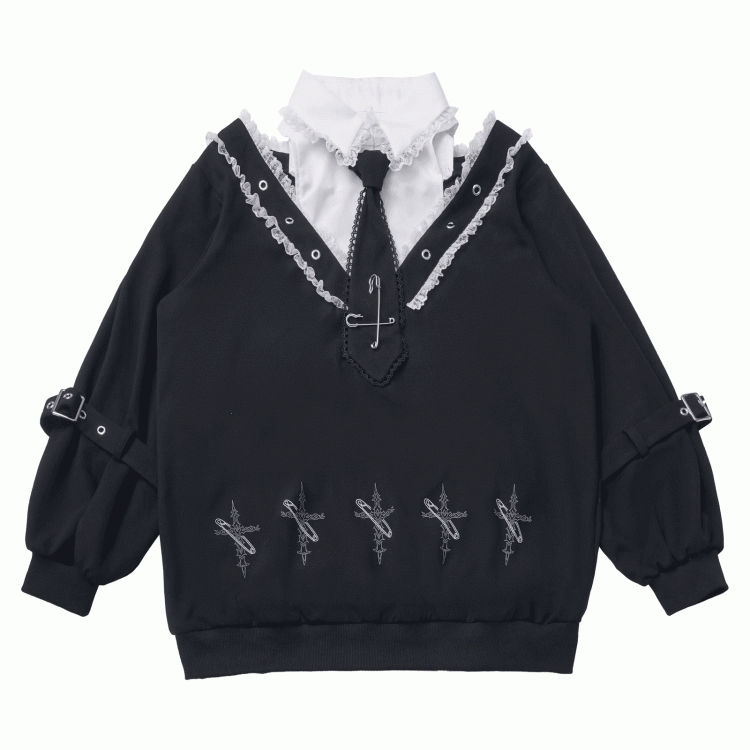 Shoulder Cutouts Collar Faux and Lace Sweatshirt Two-pieces White Black Dollcore Sweet-Grunge with |