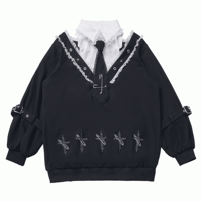Shoulder Cutouts Collar Faux and Lace Sweatshirt Two-pieces White Black Dollcore Sweet-Grunge with |