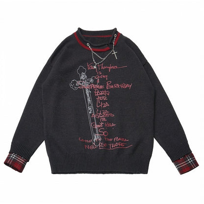 Y2K Black Sweater Print Plaid Distressed Red with Cross Cuffs