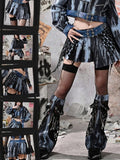 Grunge Punk Rock Fee Blau Asymmetrischer Saum Tie Dye Faltenrock mit Gratis Kettengürtel