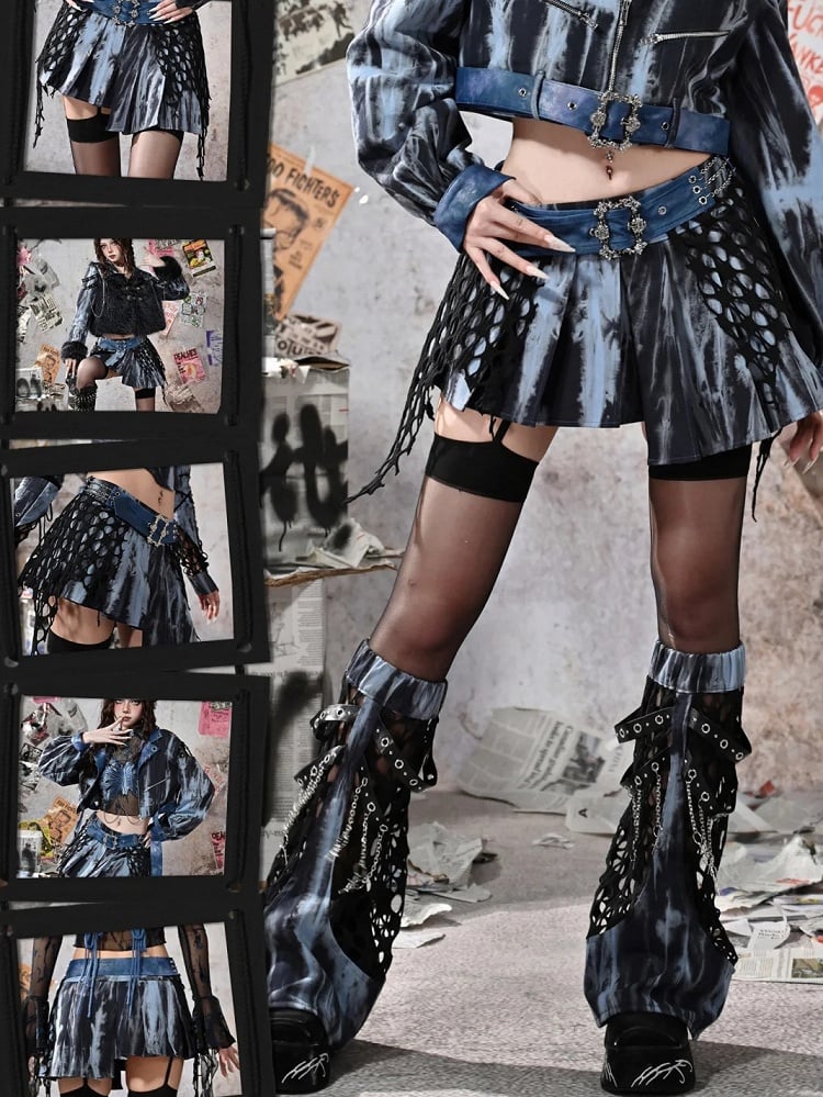 Grunge Punk Rock Fee Blau Asymmetrischer Saum Tie Dye Faltenrock mit Gratis Kettengürtel