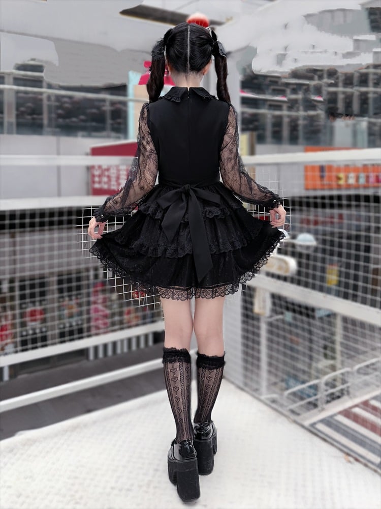 Black Lace Tiered Ruffle Dress with Bow Accents - Puppet Bombs