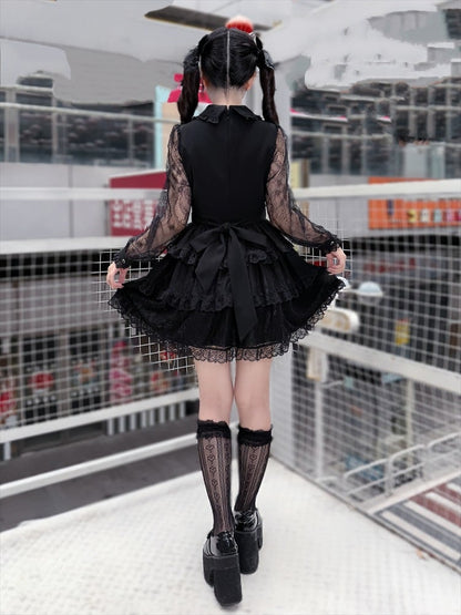 Black Lace Tiered Ruffle Dress with Bow Accents - Puppet Bombs