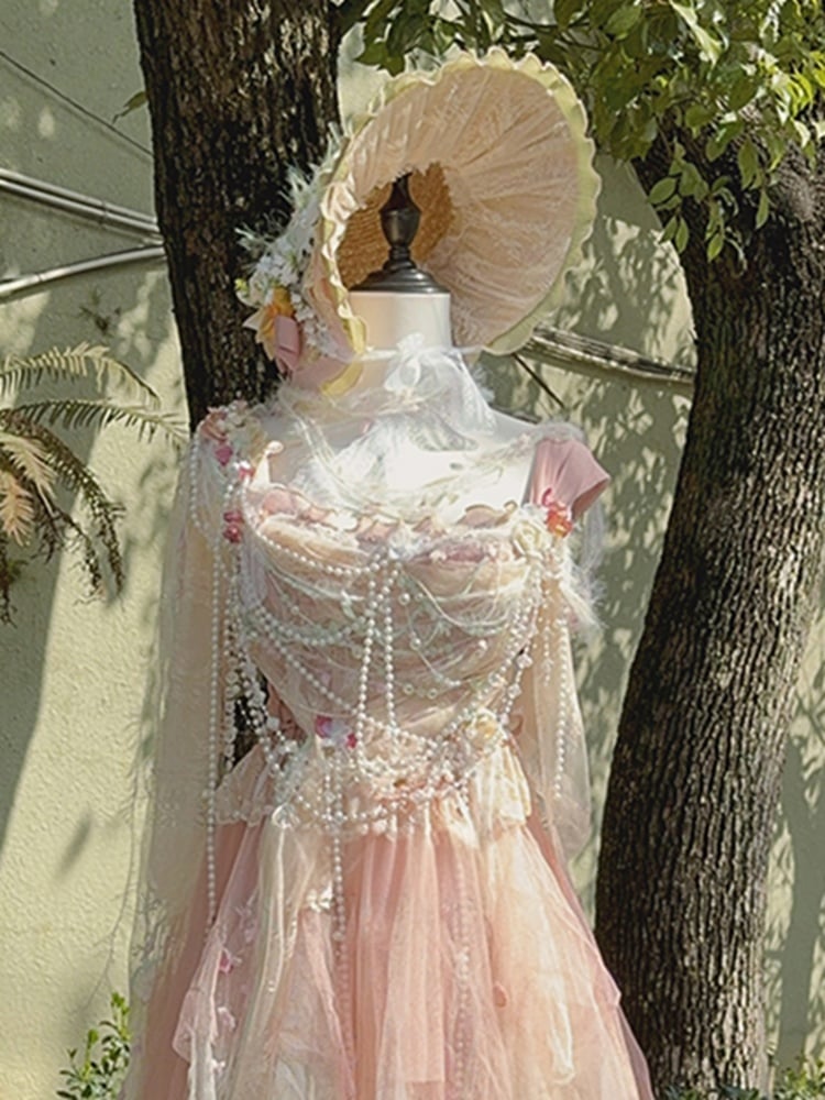 花柄の羽根飾り付きロリータ麦わら帽子