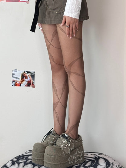 Ribbon Print Tights Black/Whiye/Brown/Gray