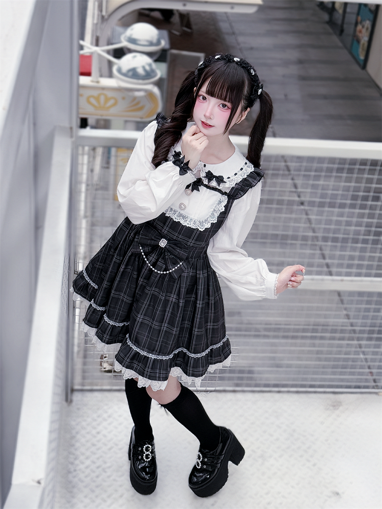 Waist Bow Jirai Dress: Pan Peter Gray Big with Academia Vintage Kei Collar Plaid