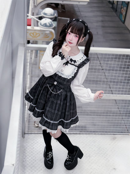 Waist Bow Jirai Dress: Pan Peter Gray Big with Academia Vintage Kei Collar Plaid