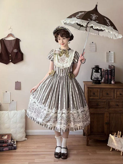 Bodice Pattern and Bowknot Lolita Piece Classic Embroidery Version Brown Long One Striped Floral