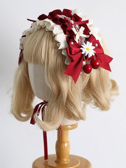 Clips Hairband Daisy Lolita Sweet Cherry Decorated Details Ruffled Bowknot And BeigeRed With