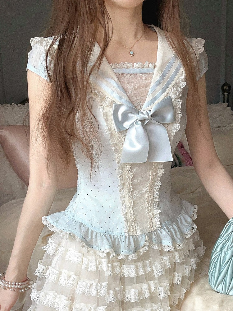 Collar Cap Top With Sailor Sleeves Chiffon Blue