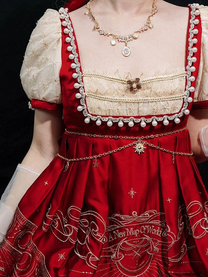 One Beige Elegant Lolita Piece Celestial Red and Classic Map Embroidery Empire Waist Wine Delicate Gold