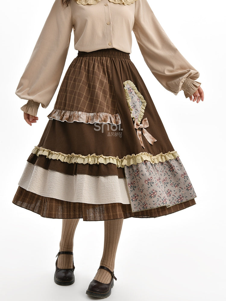 Brown Mori Kei High Waist Patchwork Skirt Lace Trim