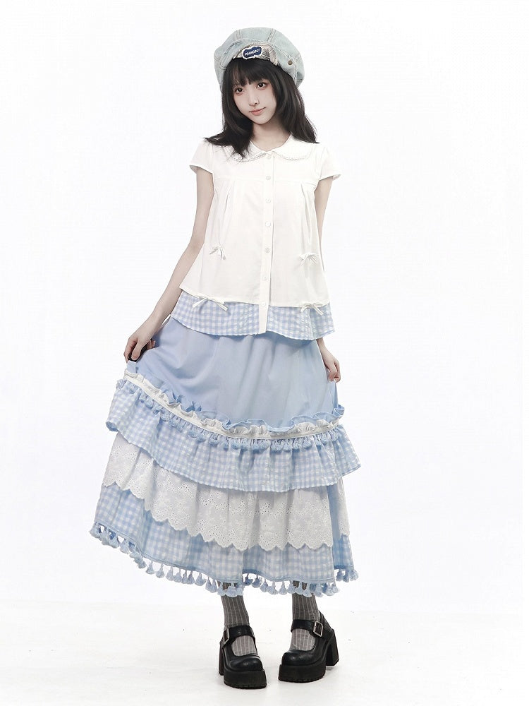 White Gingham Peter Pan Collar Blouse - PINK SAVIOR