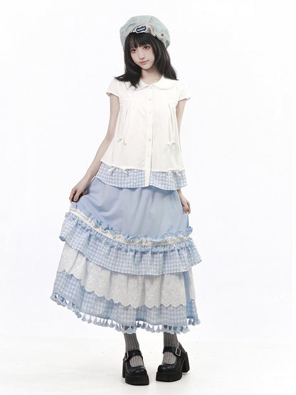 White Gingham Peter Pan Collar Blouse - PINK SAVIOR