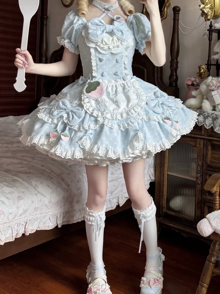and Lace OP Cute Themed Baby with Polka Dress Blue Strawberry Dot Lolita Details Bow