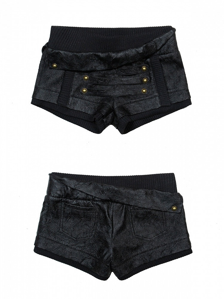 Vinatge Studs PU Strap Shorts Punk Textured with Metal Low-Rise Black Triple