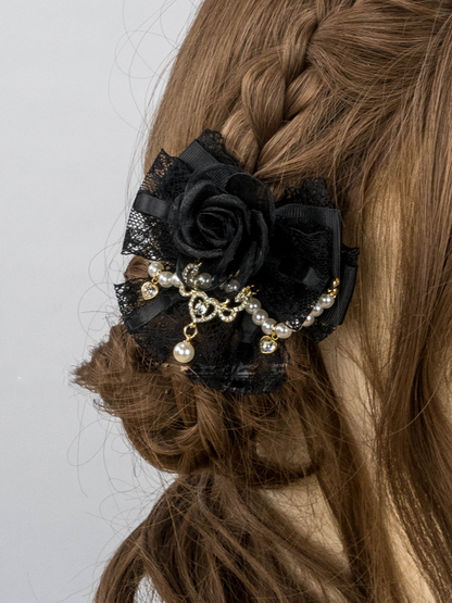 Jirai Kei Pink/Apricot/Black Lace Rose Beaded Chain Lolita Hairclip
