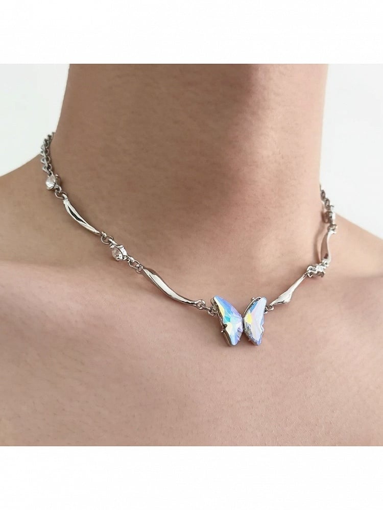 Silver Rhinestone Butterfly Necklace - YSHXS