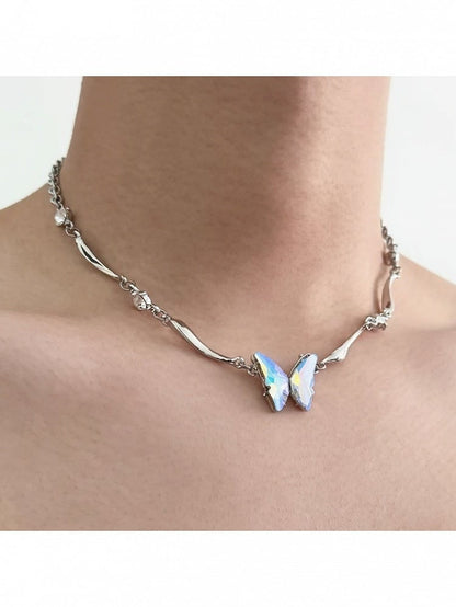 Silver Rhinestone Butterfly Necklace - YSHXS