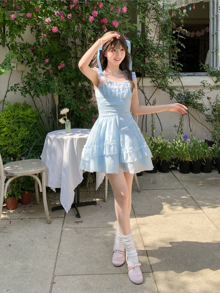 Sleeves Light Blue Flutter Dress Skirt Asymmetrical Chiffon Halter Neck Tiered