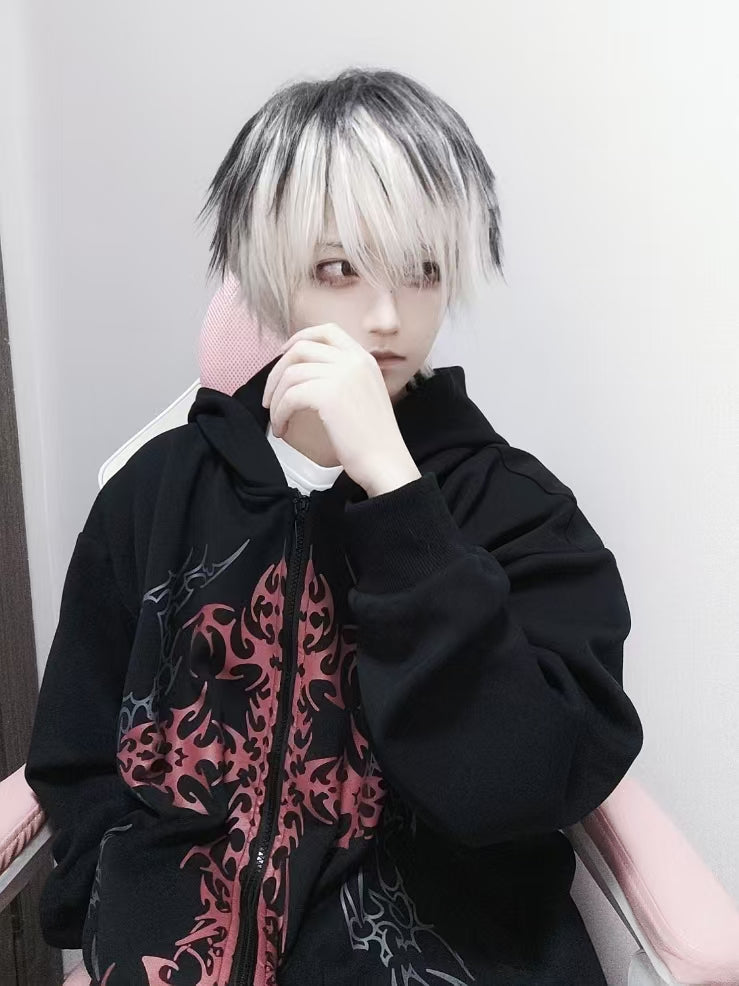 Black Cross Gothic with Zip-Up Red Print Hoodie Thin/Thick