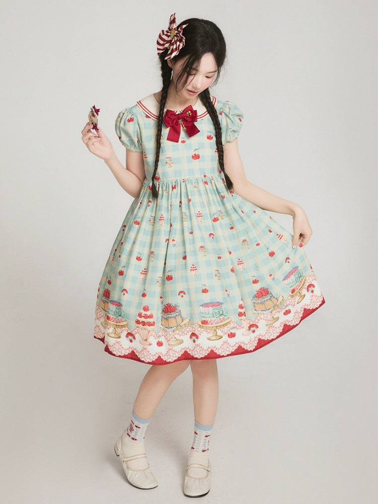 ミントグリーンのハイウエストチェリー＆デザートプリントのスイートロリータギンガムドレス