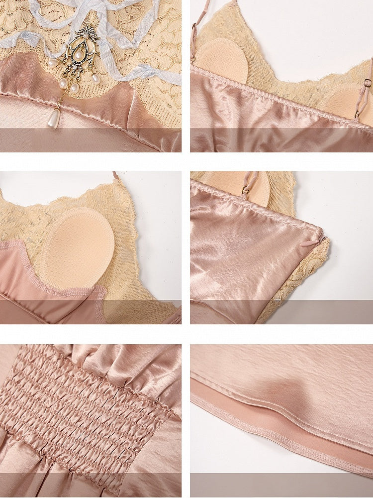 Rococo Pink Lace Satin Slip Dress with Padded Cups - Blood Supply