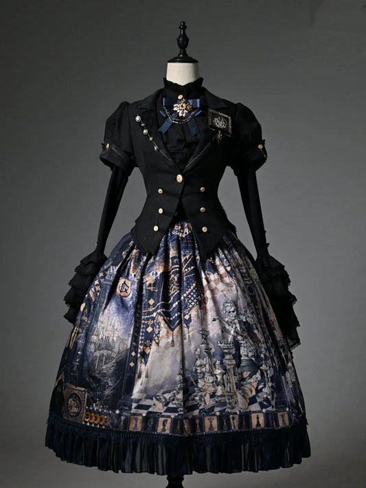 Dark Blue Corset Belt Waist Chess Print Lolita Skirt