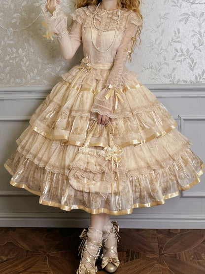 Ruffle Skirt Champagne Print and Kitty Bunny Lolita Tiered
