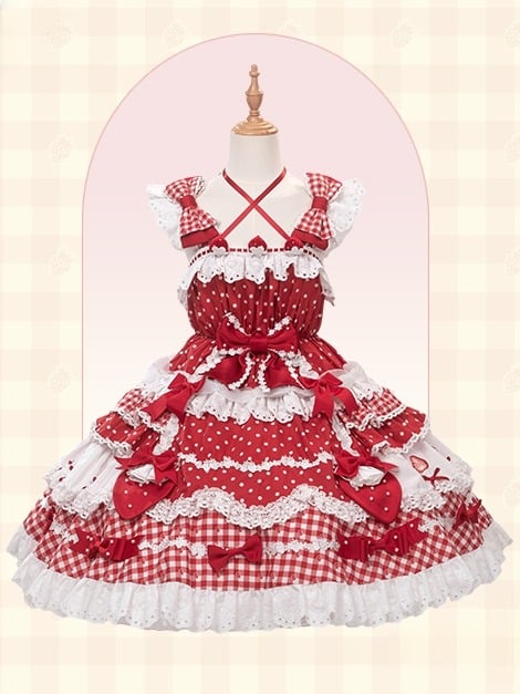 Sweet JSK Layered Dress Lolita Bow Red Accents with Skirt