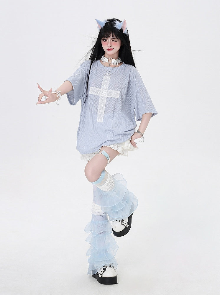 Light Blue Cross Applique Loose T-Shirt