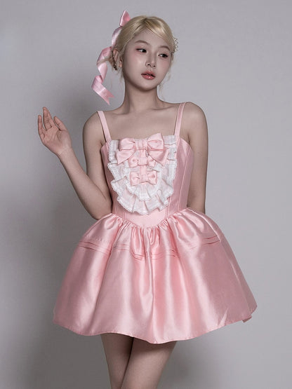 and Lolita Details with Sweet Basque Layered Lace Dress Pink Bow Waist