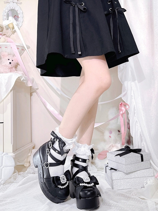 リボンとビーズのラインストーンブロックケイハイジライトップヒールプラットフォームマットデコレーションブラック