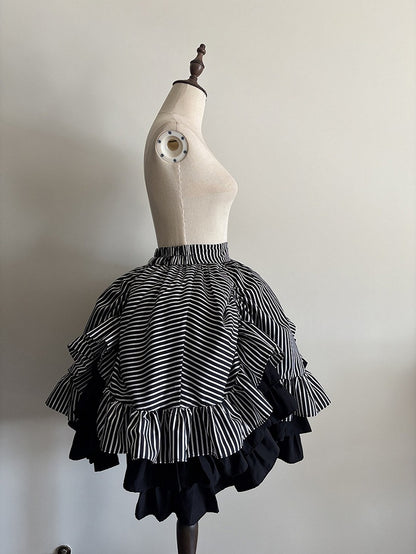 Black White Striped Gothic Lolita Layered Drawstring Skirt - Flower Fairy Daily