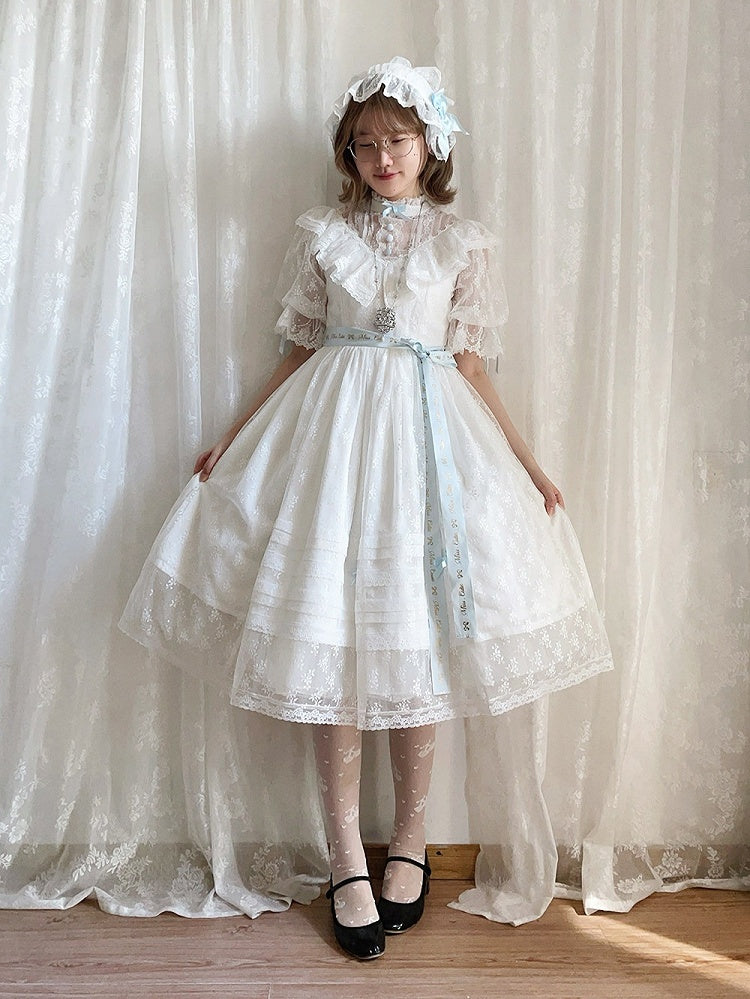 Blue and White Lolita OP Gown with Edward Collar, Sheer Lace and Ribbon Trims - Miss Cube Dressworks