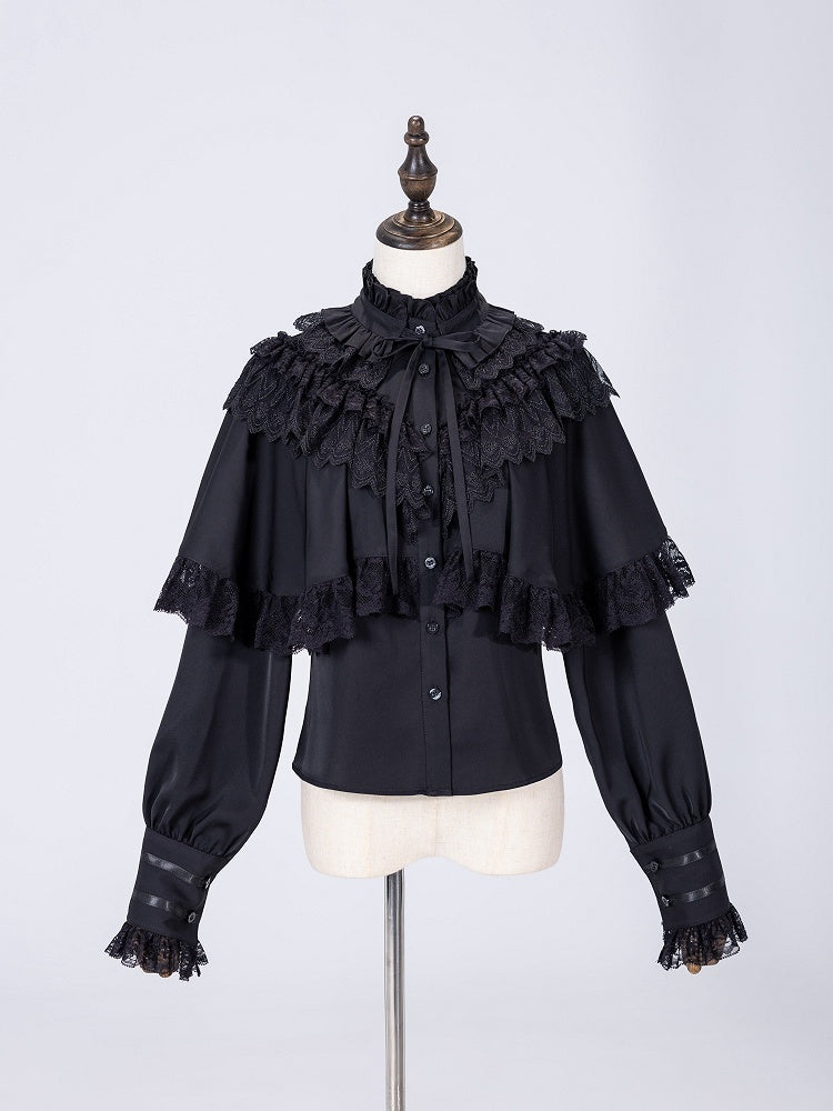 Lace Trim Cape Shirt with Detachable Collar in All-Black Elegance - DevilInspired Exclusive Collection