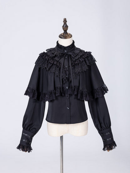 Lace Trim Cape Shirt with Detachable Collar in All-Black Elegance - DevilInspired Exclusive Collection