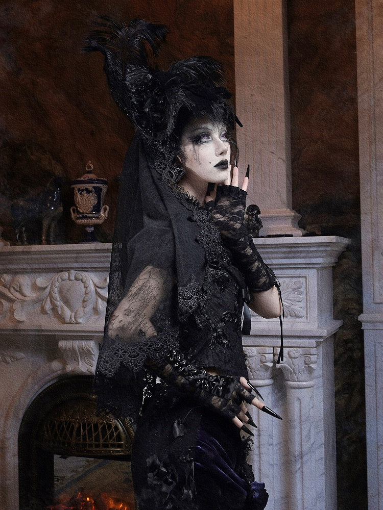 Bow Gothic Hat Velvet Detachable Veil High-Top and Lace with Black Feather