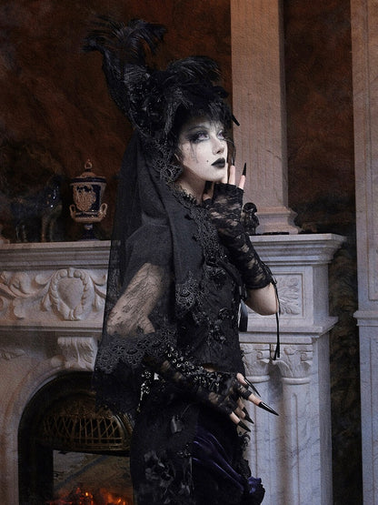 Bow Gothic Hat Velvet Detachable Veil High-Top and Lace with Black Feather