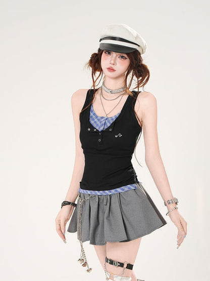 Tank Top Black and Blue Plaid Faux Two-pieces Slim-fitting