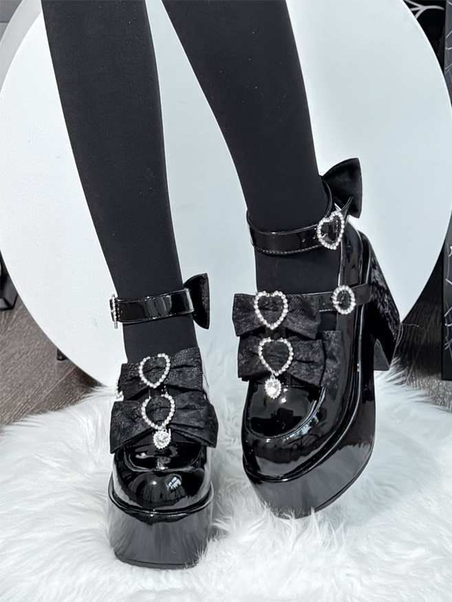 Jirai Kei Polished Black PU Platforms - Mary Janes with Opulent Jacquard Lace Bows & Rhinestones