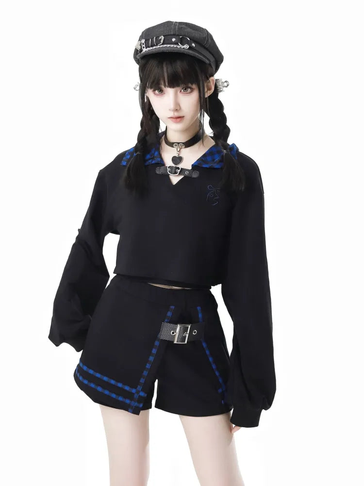Skort Black Dark with and Buckle PU Plaid Blue