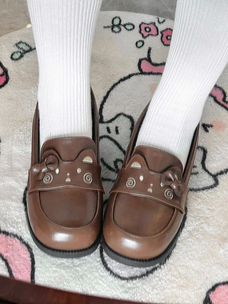 Brown Preppy Style Loafers with Bow Accent & Bear Motif