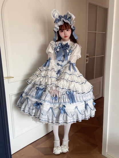 Blue Hanayome Lolita Layered Hime JSK Dress with Bow Accents - Starry Messenger