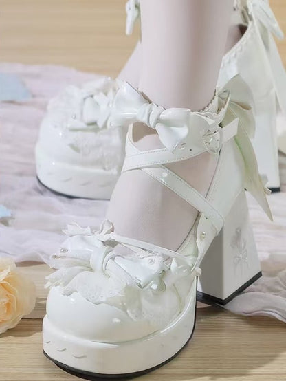 Jane with Lace PU 8cm Chime Wind Height Heel Embroidered - in Shoes Lolita White Mary Trim Sweet