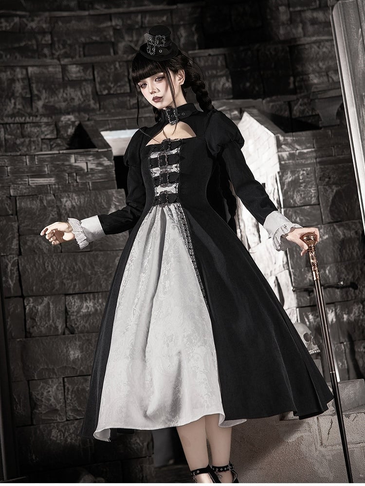 Black and White Gothic Long Lolita OP Gown with Metal Buckle and Mini Hat Set - With PUJI