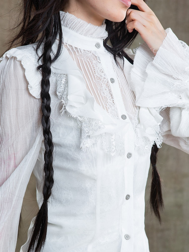 Beige Front Poet Semi-Sheer Blouse Chiffon Button Gothic Sleeves with