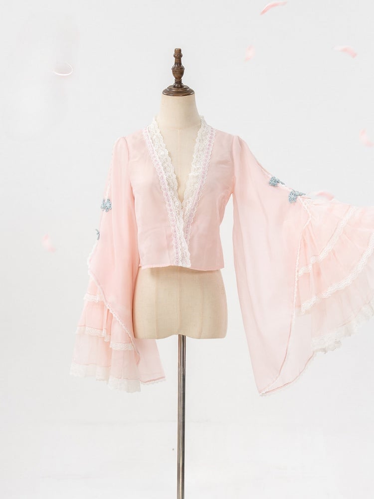 Blouse Han Bell with Lolita Pink Sleeves Lace-Trimmed