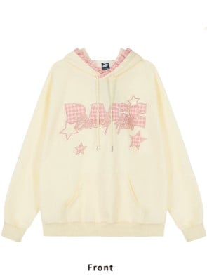 Saum Stickerei Taschentuch Gelb Schwarz + Plaid Mini Brief Hoodie Heller Rock Rosa Mit Stern