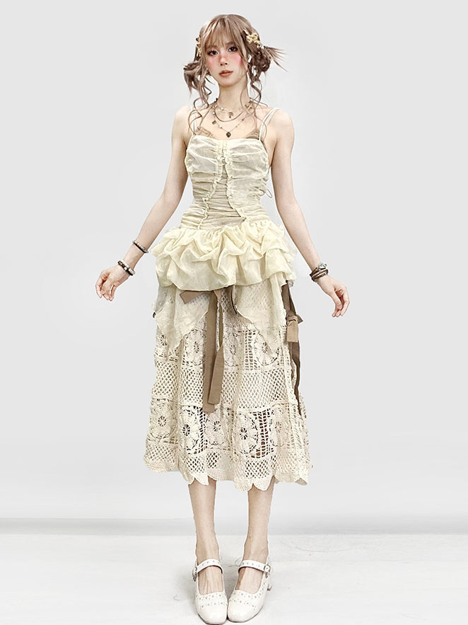Cami Set- Self-tie Glamorous Trim Dress Ruffle Skirt + Straps Beige